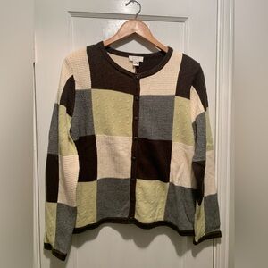 Christopher & Banks NWT Vtg Black Green Grey Patchwork Cardigan Ramie Cotton XL